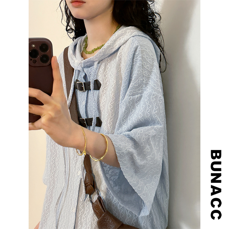 Bunacc2026 Summer Textured Hooded Short-Sleeved Shirt Retro Hong Kong Style Belt Buckle Versatile Casual Shirt for Men and Women
