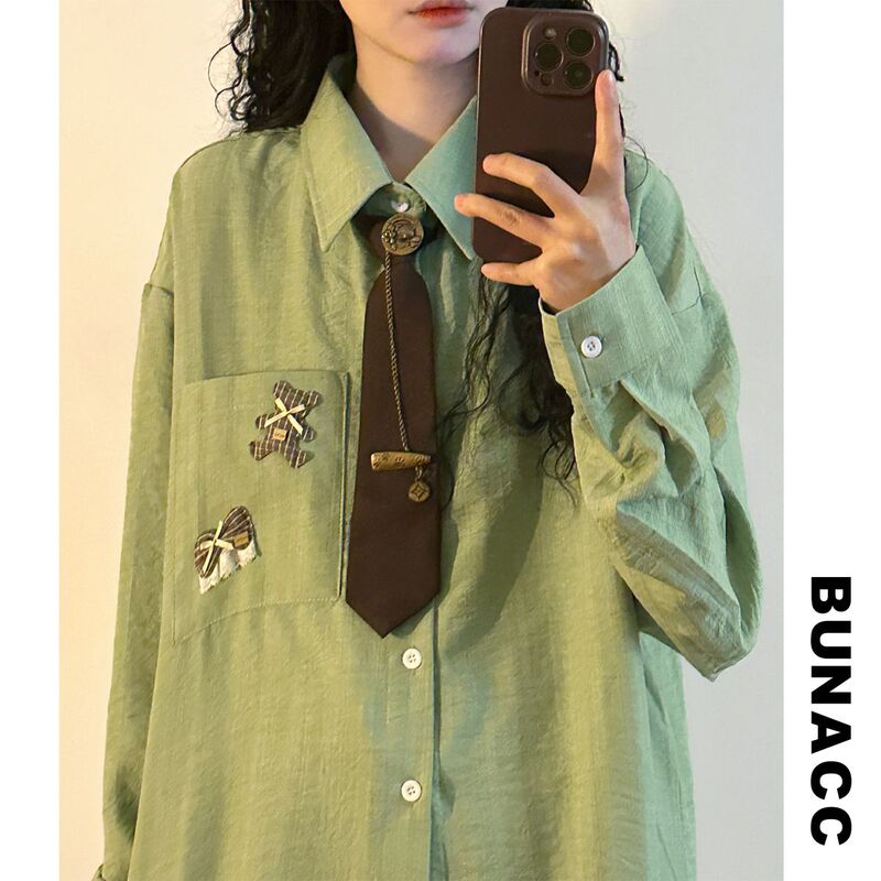 Bunacc2026 Spring Japanese Retro Cartoon Style Cute Little Tie Shirt for Women Loose Long Sleeve Top Trendy