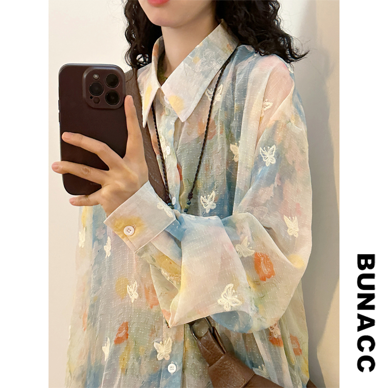 Bunacc Early Autumn Japanese-Style Lazy Sweet Colorful Printed Butterfly Embroidery Slightly Sheer Long-Sleeve Blouse Shirt Top Bunacc Early Autumn Japanese-Style Lazy Sweet Colorful Printed Butterfly Embroidery Slightly Sheer Long-Sleeve Blouse Shirt Top