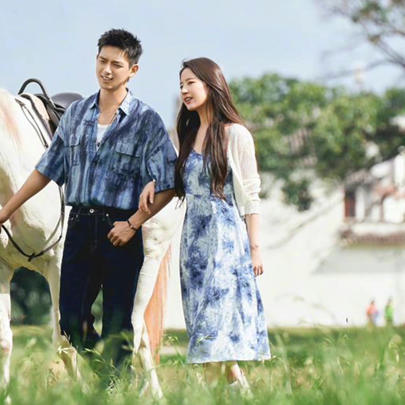 Liu Yifei's Same Style Blue Tie-Dye Suspender Dress for Women Summer 2025 New Style Waist Mid-Length Holiday Style Dress