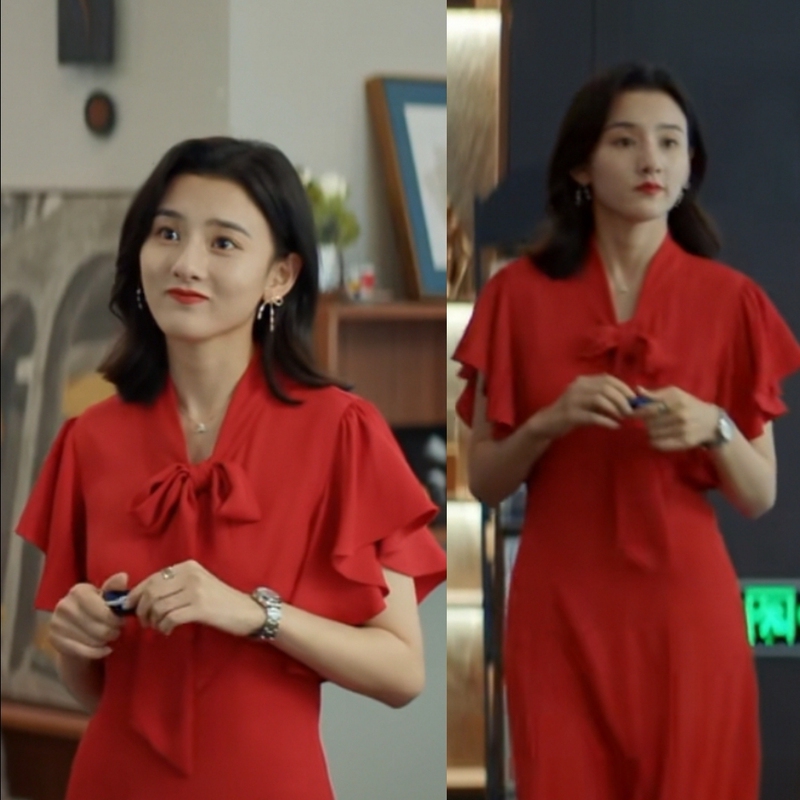 I Don'T Want to Date the Boss, Qian Wei Song Zuer's Same Style Red Ruffle Sleeve Ribbon Chiffon Dress for Women, Summer