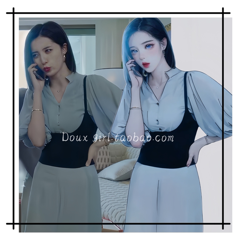2024 Summer New Style Wanpeng Wang Xixia Same Style Blue V-Neck Waist-Cinching Shirt Puff Sleeve Top and Skirt Set