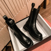  Leather Chelsea boots Womens British style mid-barrel boots thick-soled Martin boots womens spring and Autumn single boots booties tide ins cool