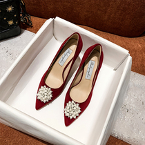  French girl wine red suede high heels womens thin heel shallow wedding shoes womens 2021 new Xiuhe bridal shoes