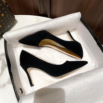 High heels womens 2021 new thin heel black suede single shoes pointed light tone quality all-match professional work shoes