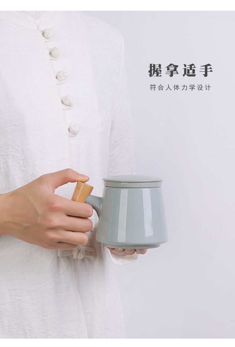 Creative wooden handle ceramic tea cup with lid separation filter cup tea cup flower tea custom office cup