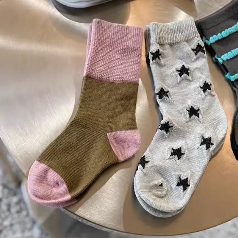 Children's Parent-Child Socks with 3D Embossed Star Design, Autumn ins Simple Color-Blocking Japanese Style College Personality Mid-Calf Socks