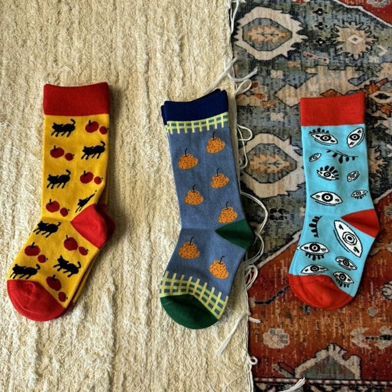 Children's Socks for Autumn, Color-Blocked, Cute Cat and Duck Design, Trendy Online, ins Pairs, Unisex, Mid-Calf Socks for Outdoor Wear