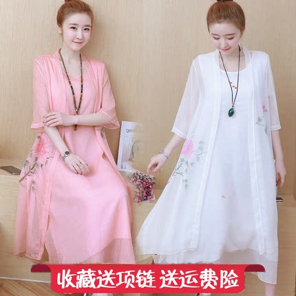 棉麻连衣裙女中长款2018夏季新款显瘦两件套