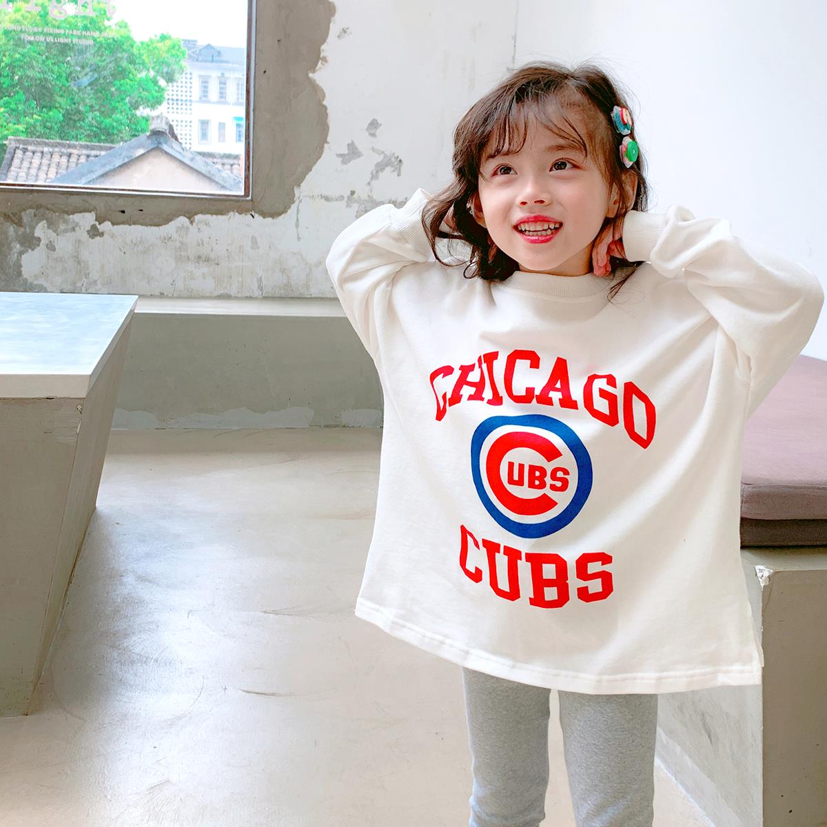 Hong Kong Korean children's casual suit 19 autumn new girls letter sweater T-shirt striped edge leggings