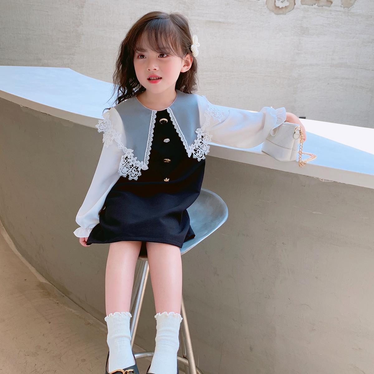 Hong Kong Korean Children's Clothing Girl's Autumn Clothing Temperament Little Girl Foreign Pie Lace Up Lace Side Women's Treasure Dress