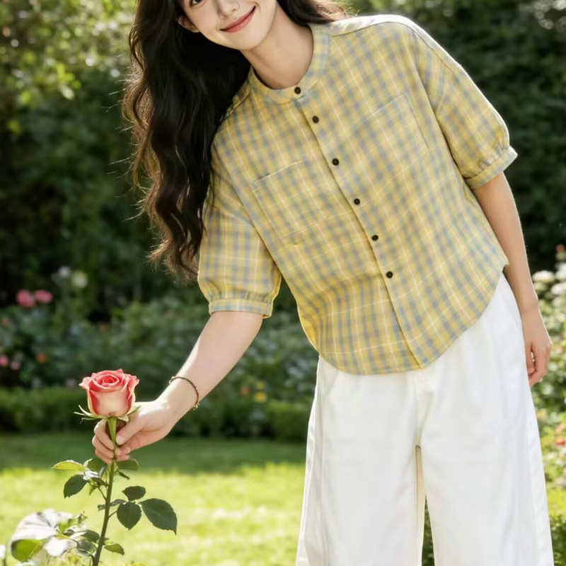 High-End Design Niche Shirts for Women, New Summer Style, Cool and Casual, Versatile Short-Sleeved Cotton Plaid Shirts for Women
