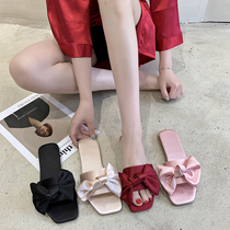 Spring and summer wedding bridesmaid slippers female newlywed satin red slippers bridal morning gown with shoes bow flat bottom home