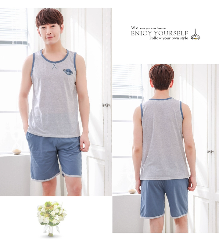 Mùa hè cotton vest đồ ngủ vài mùa hè nam giới và phụ nữ có thể mặc cotton không tay quần short cartoon dịch vụ nhà phù hợp với đồ đôi nam nữ