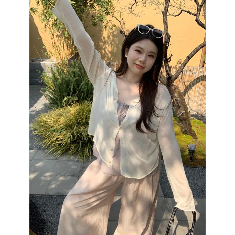 M5T6 Slightly Chubby, Sunlight Shimmer*/Looks Great with Anything~ Cream-Colored Sheer Knit Sun Protection Cardigan