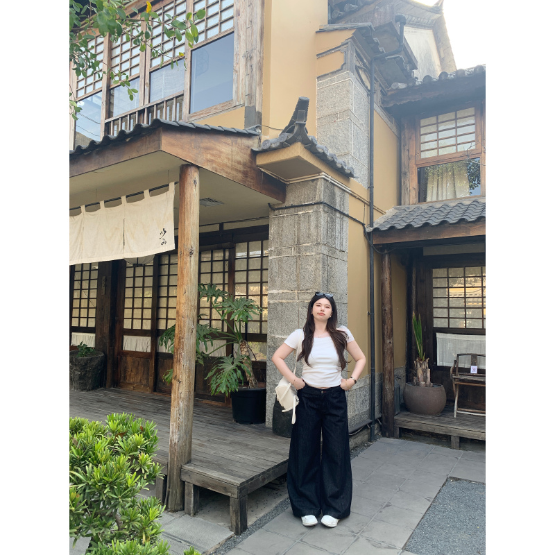 M5T6 Slightly Chubby Original Denim*/American-Style Lazy Vibe Slanted Waistband Original Color Jeans Split Wide-Leg Pants