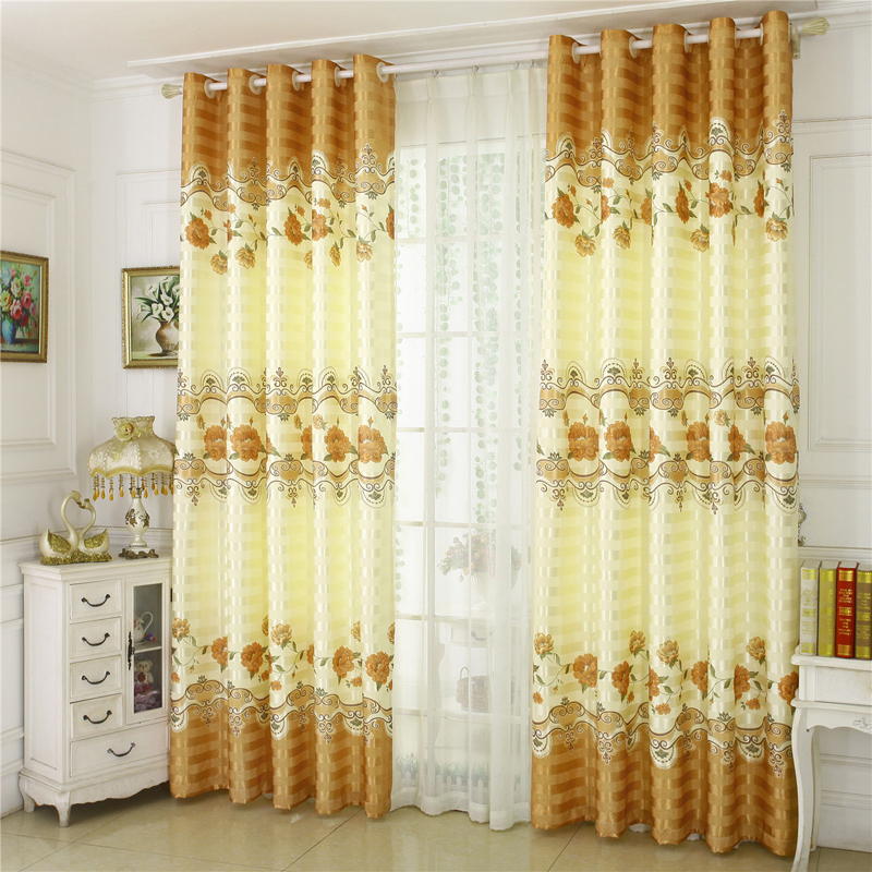 Country-Style Single-Sided Printed Short Curtain Finished Curtain for Bedroom, Living Room, Balcony, Floor-To-Ceiling Bay Window, Blackout Fabric, Floor-To-Ceiling Window Hook