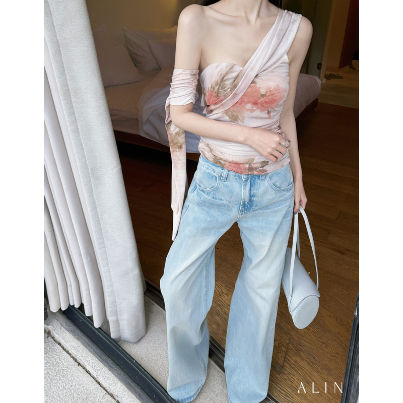 Alin【Mist Blue Step】Korean Style ins Light Blue Wide-Leg Pants 100% Cotton Slimming Jeans Al6Nnk1