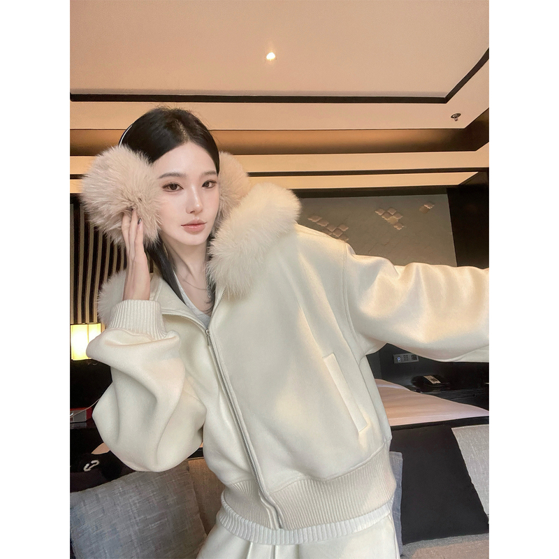 Alin【Cinnamon Melting Snow】Loose Hooded Fur Collar Sweatshirt Jacket Casual Long Pants Fashion Set for Women Winter