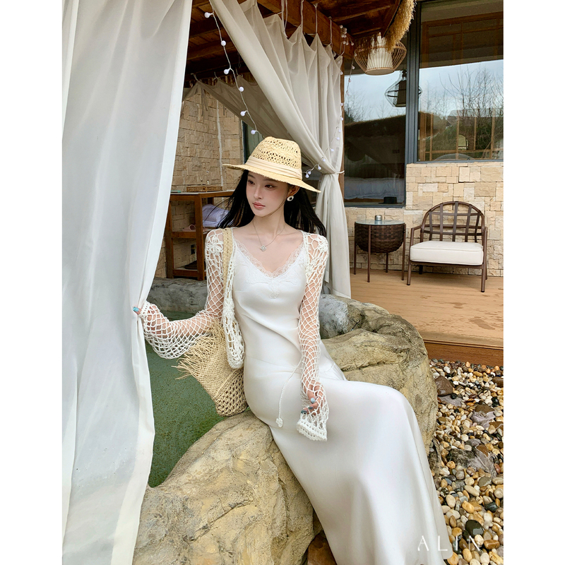 Alin【Floral Details】Lyocell Wool Blend Fishnet Cardigan Handmade Crochet Hollow Knit Sweater for Women Al5Pbc