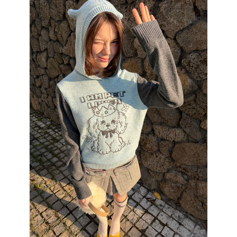 Sancco 80% Sheep Wool_Dog Jacquard Knit Top Blue Devil Horn Ear Hooded Sweater Sancco 80% Sheep Wool_Dog Jacquard Knit Top Blue Devil Horn Ear Hooded Sweater