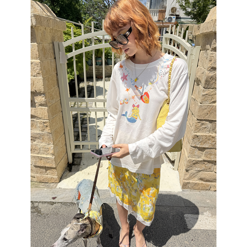 Sancco'Mermaid Puppy' Necklace Sequin Embroidered Linen White Long-Sleeved T-Shirt for Women, Summer Loose Top