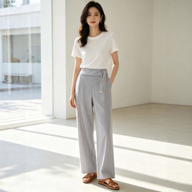 European and American Brand Women's Clothing, All-Cotton Striped Long Pants, Non-Stretch, High-Waisted Wide-Leg Pants, Comfortable with Belt 523