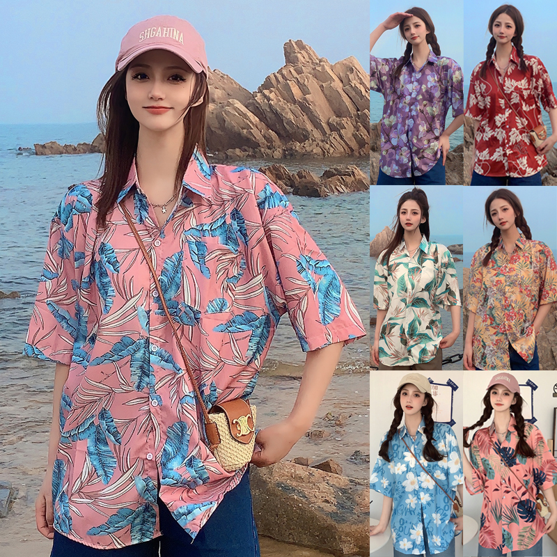 Beach Vacation Style Short-Sleeved Floral Shirt for Women Hawaii ins Beach Shirt Retro Hong Kong Style Loose Top Beach Vacation Style Short-Sleeved Floral Shirt for Women Hawaii ins Beach Shirt Retro Hong Kong Style Loose Top