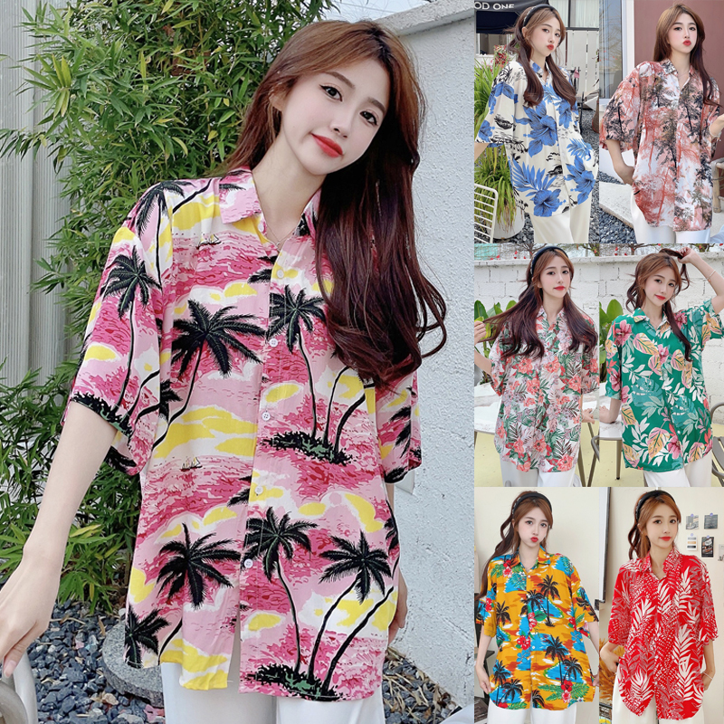 Design-Focused, Unique Beach Short-Sleeve Floral Shirt for Women, Hawaiian Casual Breathable Cotton Shirt, Loose and Versatile Top Design-Focused, Unique Beach Short-Sleeve Floral Shirt for Women, Hawaiian Casual Breathable Cotton Shirt, Loose and Versatile Top