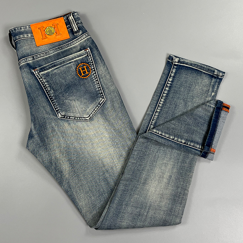European High-End Embroidered Jeans for Men, Trendy Brand 2026 Spring and Autumn, Slim Straight-Leg Stretch Casual Washed Long Pants