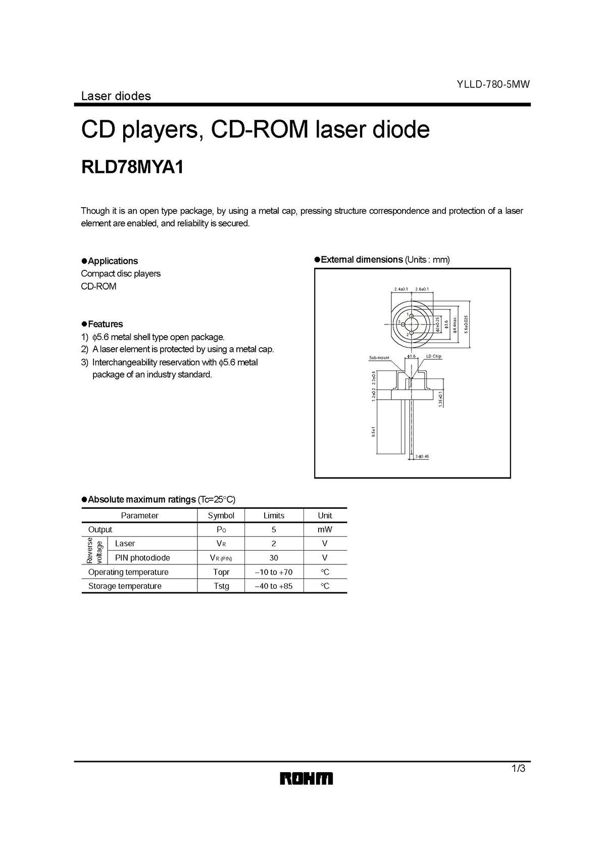 10pcs ROHM RLD78MYA1 Infrared 780nm 785nm 5mW Laser Diode with PD