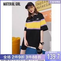 Material Girl colorblock polo shirt T-shirt short sleeve womens striped lapel long cotton loose tide ins