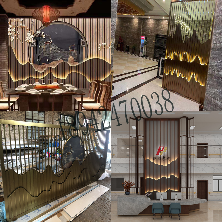 Stainless steel screen partition custom rose gold living room hotel background wall into the entrance landscape painting rockery decoration