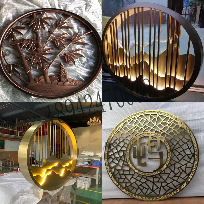 Stainless steel screen new Chinese circular rockery background wall metal living room partition landscape painting aluminum carved relief customization