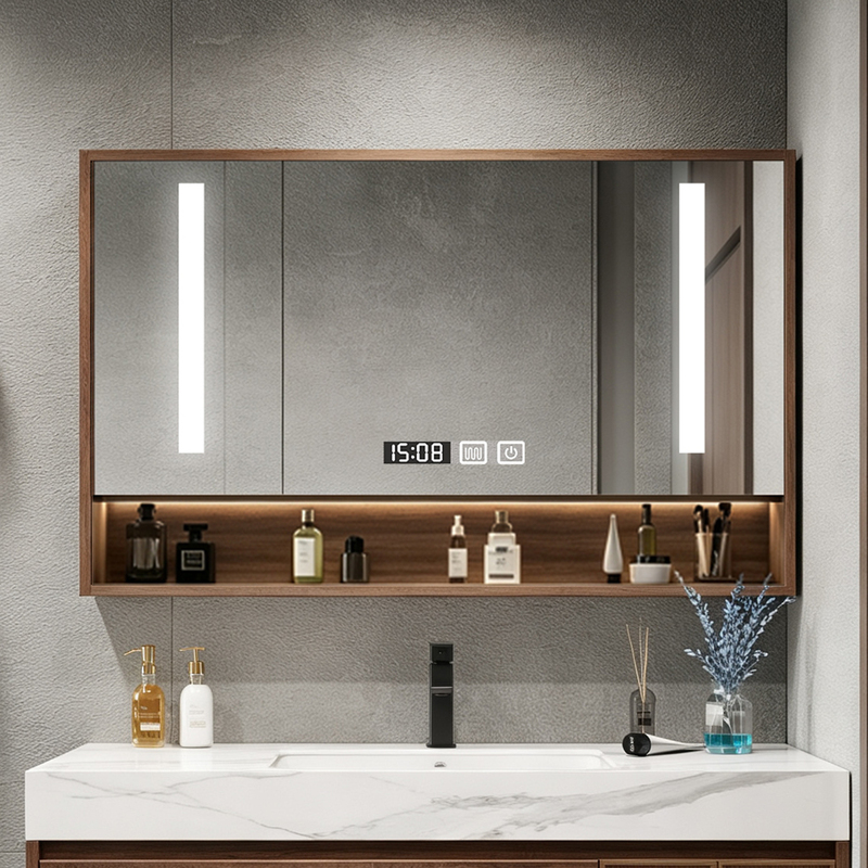 Walnut-Colored Vintage-Style Bathroom Mirror Cabinet with Separate Lighting, Wall-Mounted Smart Defogging Mirror Cabinet for Bathroom Storage