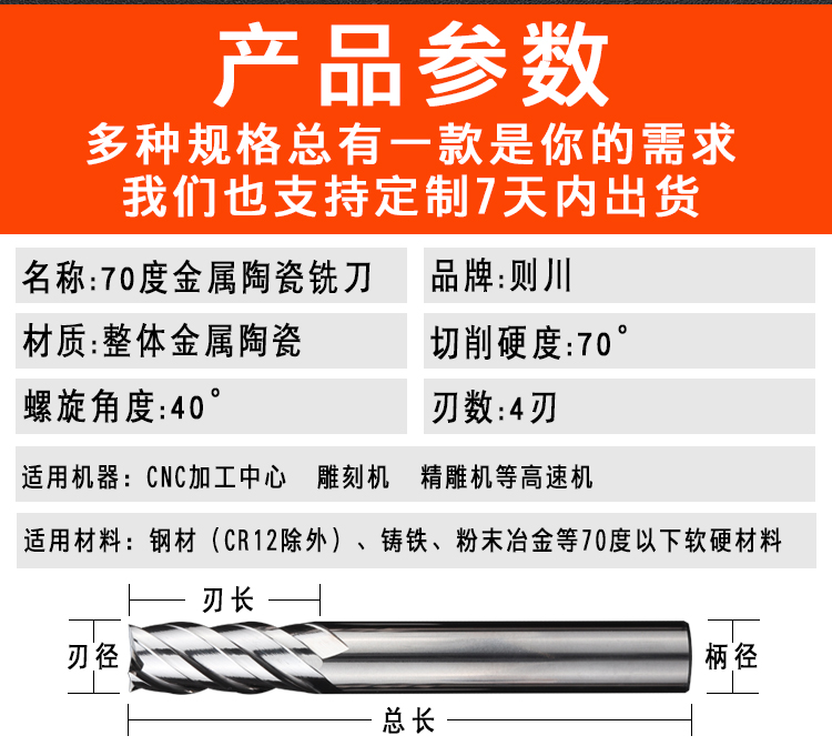 日本則川70度金屬陶瓷銑刀四刃高硬高耐磨金屬合金平底陶瓷立銑刀 露天拍賣