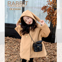mini denim girls hooded coat winter new Korean style cute bunny ears coat thickened fashionable tops