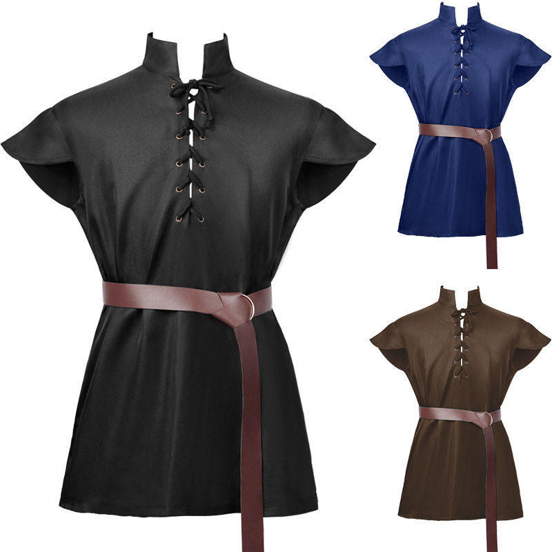 Medieval Summer Sleeveless Loose Lace-Up Shirt Halloween Performance Men's Stand-Up Collar Short-Sleeve Solid Color Shirt