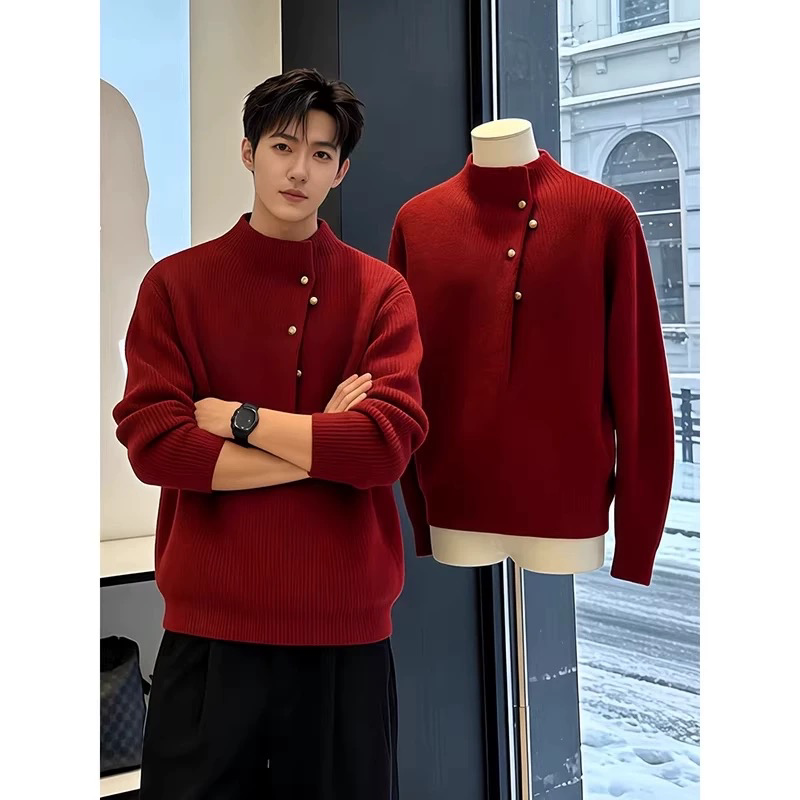 Red Diagonal Collar Half-High Collar Sweater for Men, Winter High-End Niche Design, Stylish and Trendy Knitwear for Layering
