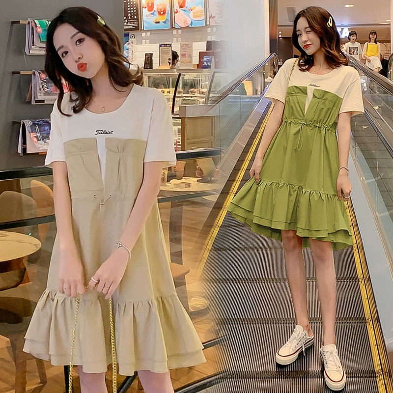 Váy bà bầu thời trang hè mới áo khoác giữa dài sau khi sinh phụ nữ mẹ cho con bú ra ngoài quần áo cho con bú - Váy eo cao