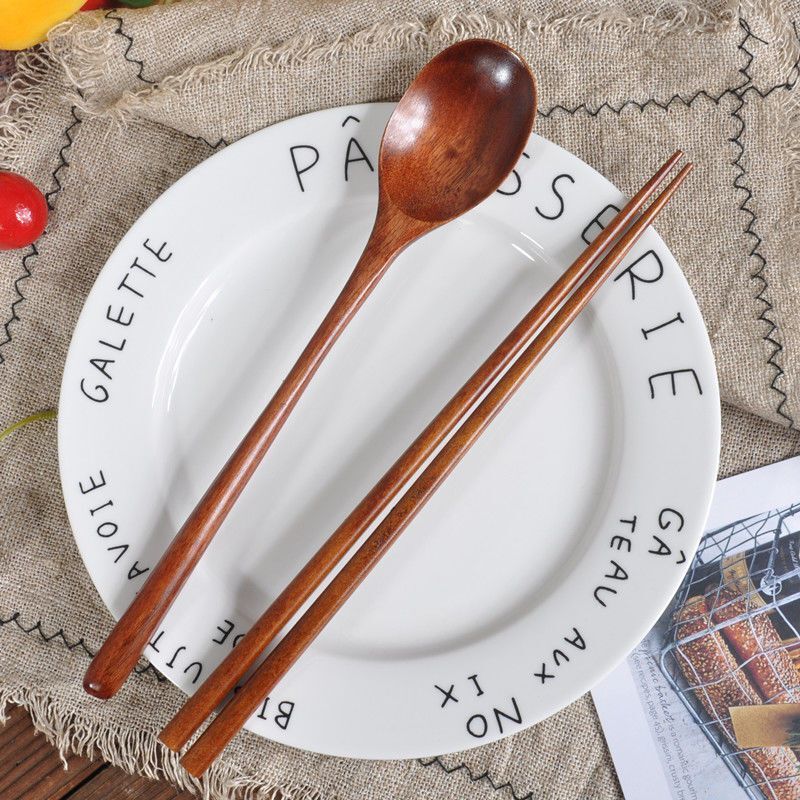 (Extra-Long Style) ins Korean-Style Simple Solid Wood Chopsticks and Spoon Set Wooden Tableware Wooden Spoon Wooden Chopsticks for Ramen and Hot Pot