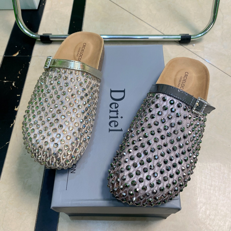 Niche Design Rhinestone Mesh Mule Shoes for Women 2025 New Model with Cork Sole, Breathable, Closed-Toe, Slip-On Outdoor Sandals 06