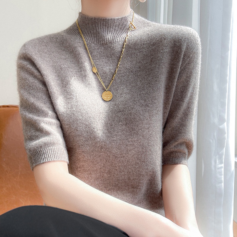 2024 Autumn and Winter New Cashmere Sweater Women's Short Sleeve Half Turtleneck Knitted Half-Sleeve Sweater Loose Mid-Sleeve Base Shirt