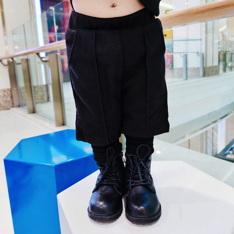 Tide boy plus velvet all-match fake two-piece woolen boy pants warm black handsome children's baby