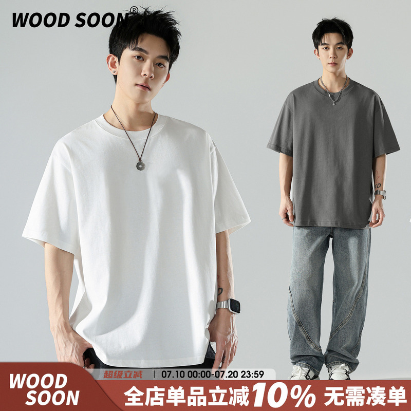 Woodsoon American Style Trendy Street Short-Sleeved T-Shirt for Men, Versatile Loose-Fitting Pure Cotton Round-Neck Half-Sleeve T-Shirt for Summer