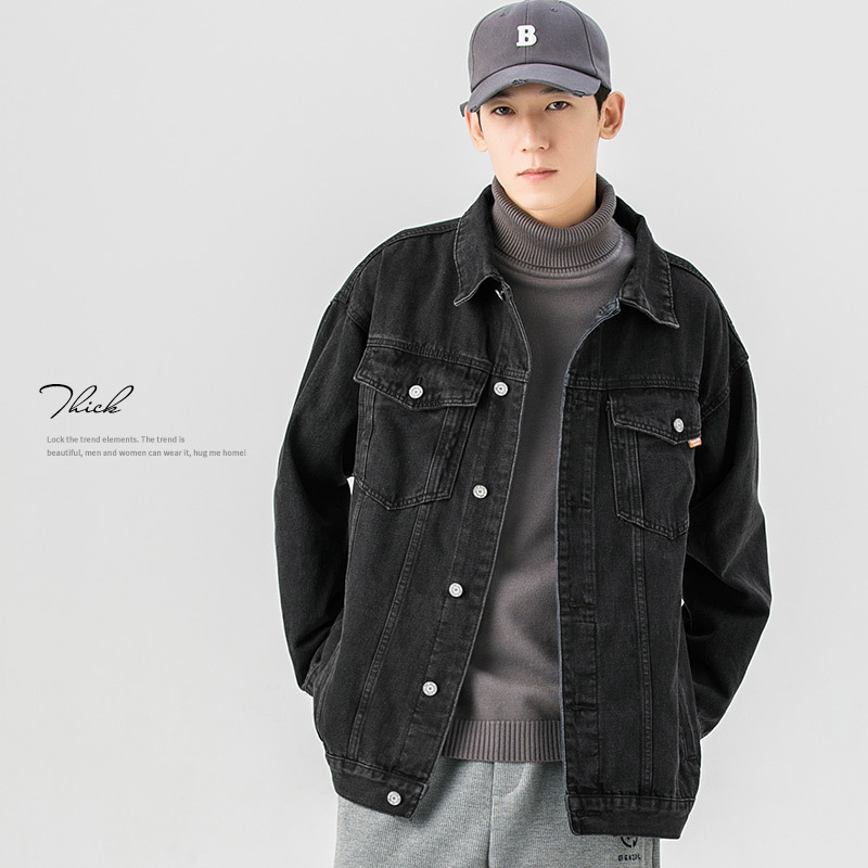 Woodsoon Denim Jacket Men's Black Autumn and Winter Loose Trendy Outerwear Spring and Autumn Long-Sleeved Large Size Denim Jacket