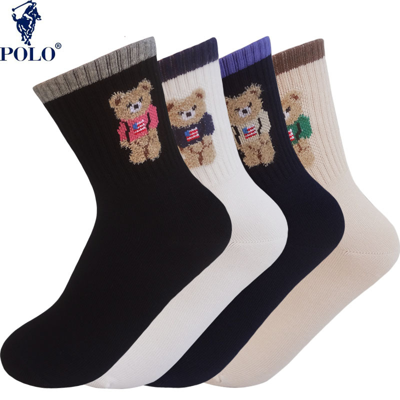 Polo Paul Autumn and Winter Mid-Calf Sports Women's Socks, Women's Sweat-Absorbent, Breathable, Deodorant Jacquard Bear Casual Short Socks