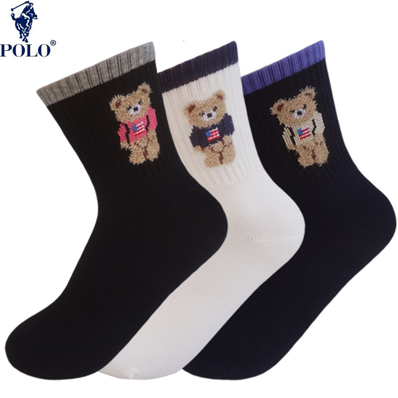 Polo Paul Autumn and Winter Women's Mid-Calf Sports Socks, Sweat-Absorbent, Breathable, Deodorant, Casual Bear Design, Casual Women's Short Socks