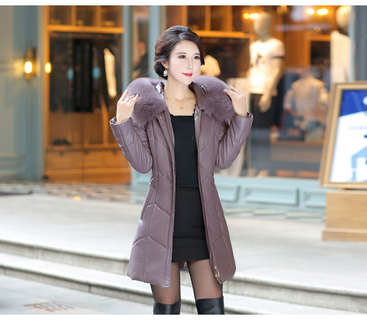 Áo khoác da nữ dài phần Hained leather 2018 new XL mẹ tải mùa đông lông cổ áo lông áo khoác da lộn lót lông nữ