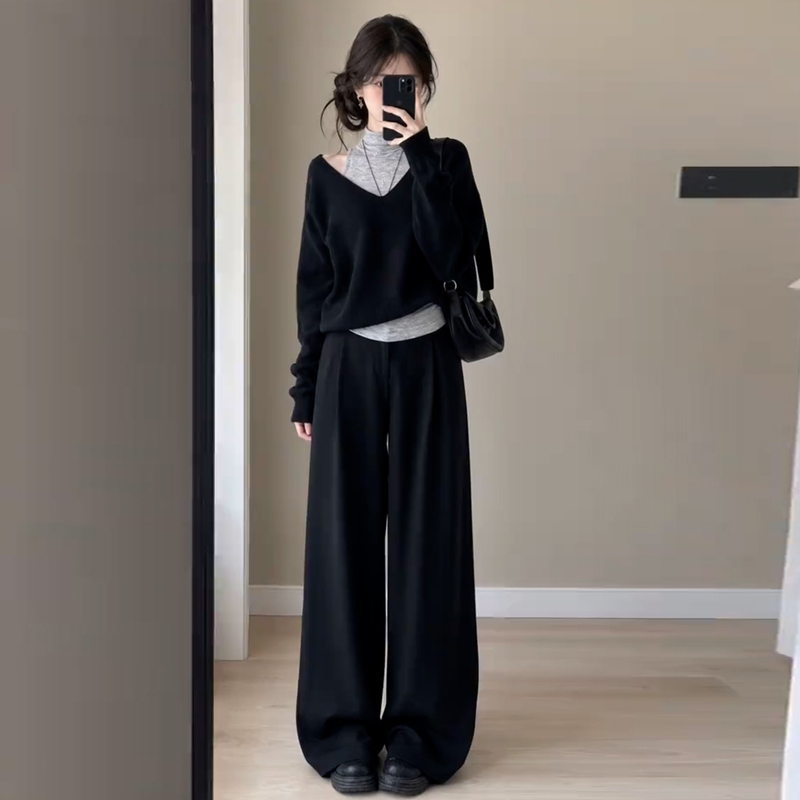 Super Stylish Korean Early Autumn Outfit Set 2026 New Black Long-Sleeve Top Women's Wide-Leg Pants Three-Piece Set